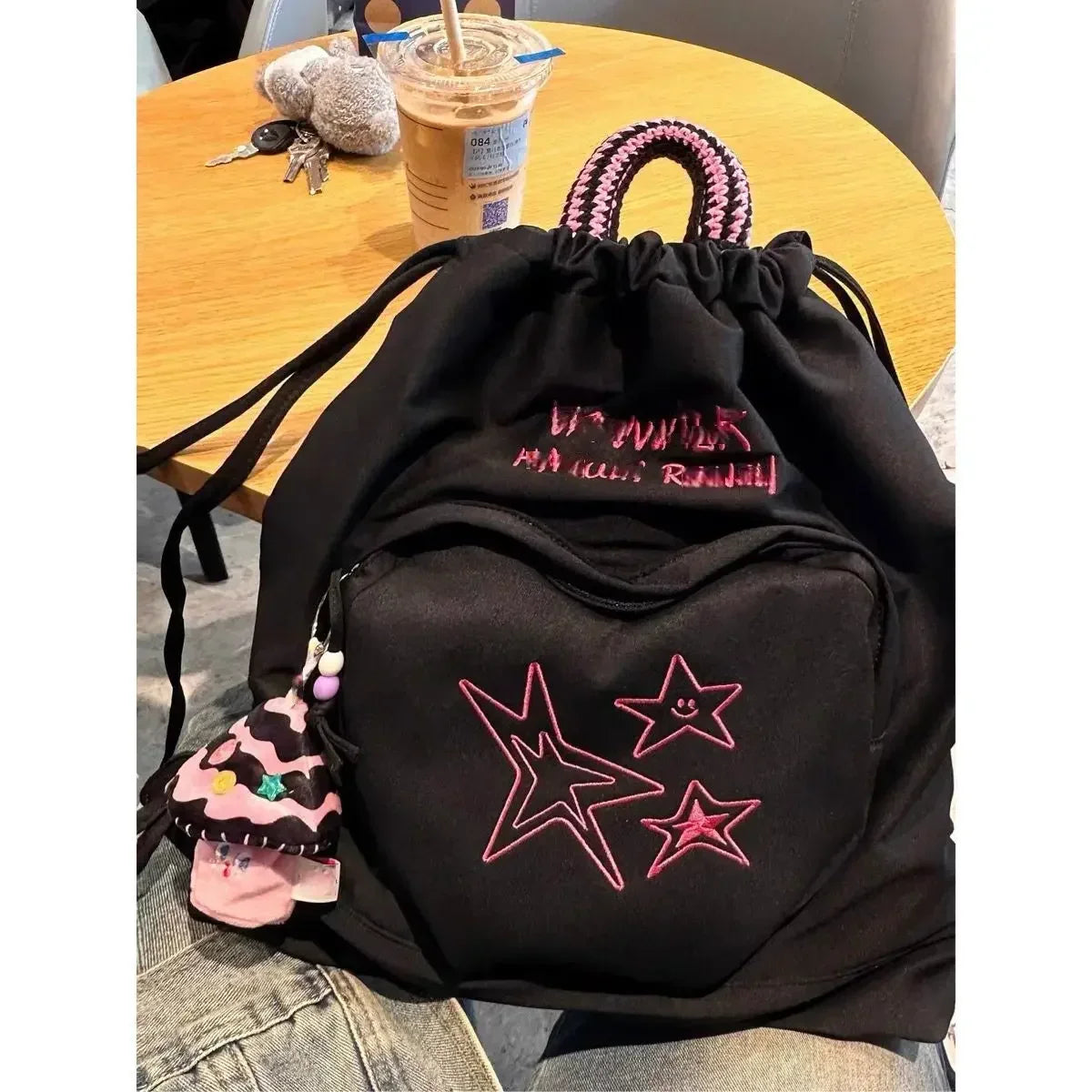 eybag Korean 2024 New Canvas Drawstring Star Women's Backpack Color Blocking Letters Fashion Versatile College Student Schoolbag Ins