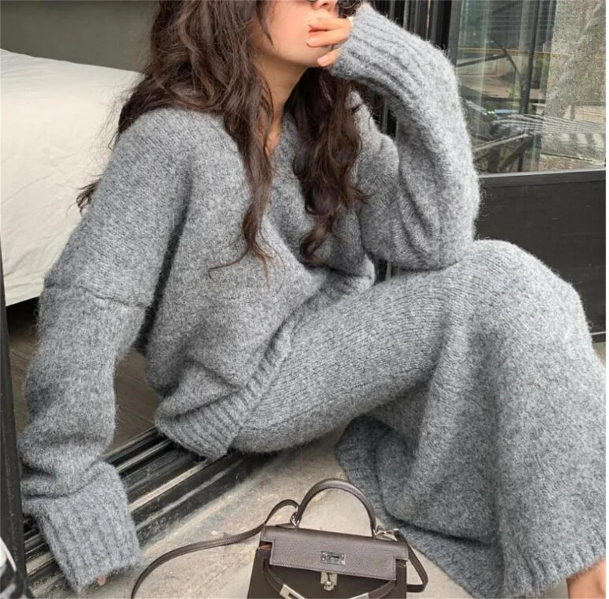 eybag Fashion Two Piece Set For Women Knitted V Neck Sweater Tops Solid Color Skirts Elegant Autumn Winter Female Skirt Sets Casual