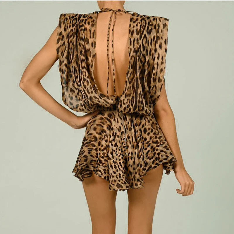 eybag 2024 Summer New Women's Vintage Leopard Dress Print Sleeveless Low-Cut Sexy Tie Dress