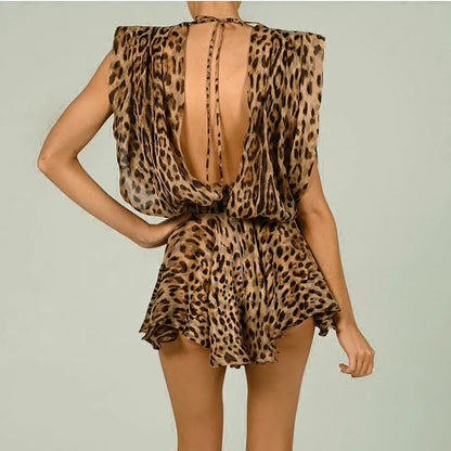 eybag 2024 Summer New Women's Vintage Leopard Dress Print Sleeveless Low-Cut Sexy Tie Dress