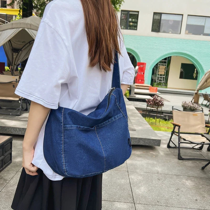 eybag Large Capacity Denim Crossbody Bags For Women College Student School Bags Solid Casual Shoulder Bag Travel Shopper Messenger Bag