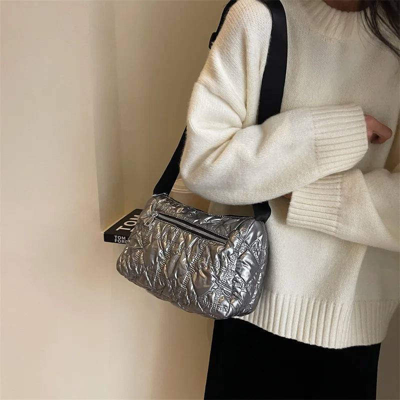 eybag Elegant Folded Quilted Cotton Shoulder Bag For Women New 2024 Luxury Bag Bright Surface Silver Crossbody Bags Bucket Bag Handbag