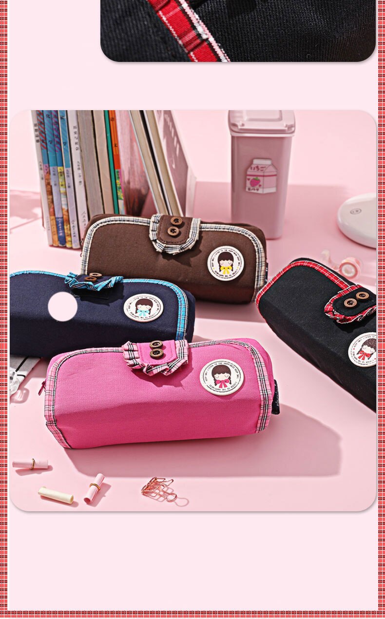 eybag Simple Design Pencil Cases Button Vintage Pen Bag Cute Kawaii Canvas Pencil Bag With Zipper Large Capacity Stationery Bag