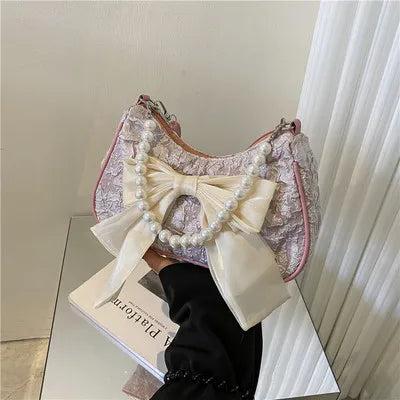 eybag Fashion Pearl Chains Design Female Shoulder Messenger Bag Sweet Bow Ladies Crossbody Bags Flower Pattern Women Square Handbags