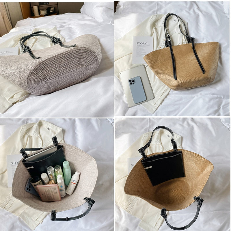 eybag Casual Handmade Straw Bag Portable Shoulder Tote Ladies Holiday Beach Large Capacity Woven Handbag New Women Braided Basket Bag