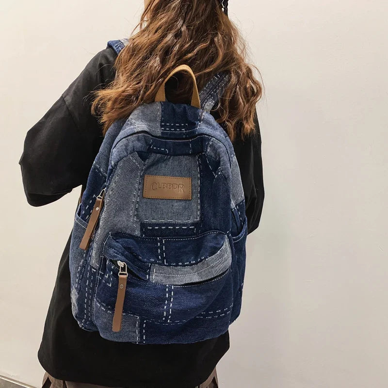 eybag New Washed Denim Patch Women Backpack Trendy Cool College Backpack Large Capacity Men Female Laptop School Bags Travel Book Bag