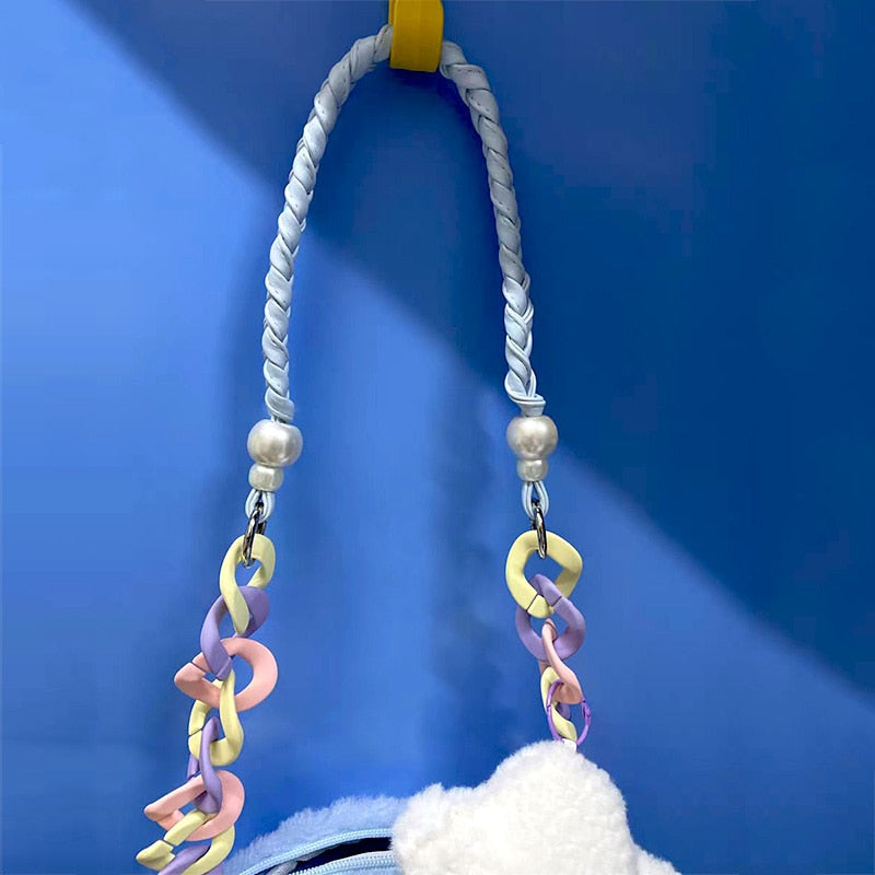 eybag Rainbow Plush Purses and Handbags for Women 2022 Shopper Acrylic Chain Cloud Pendant Cute Girls Pearl Wallet Shoulder Bag