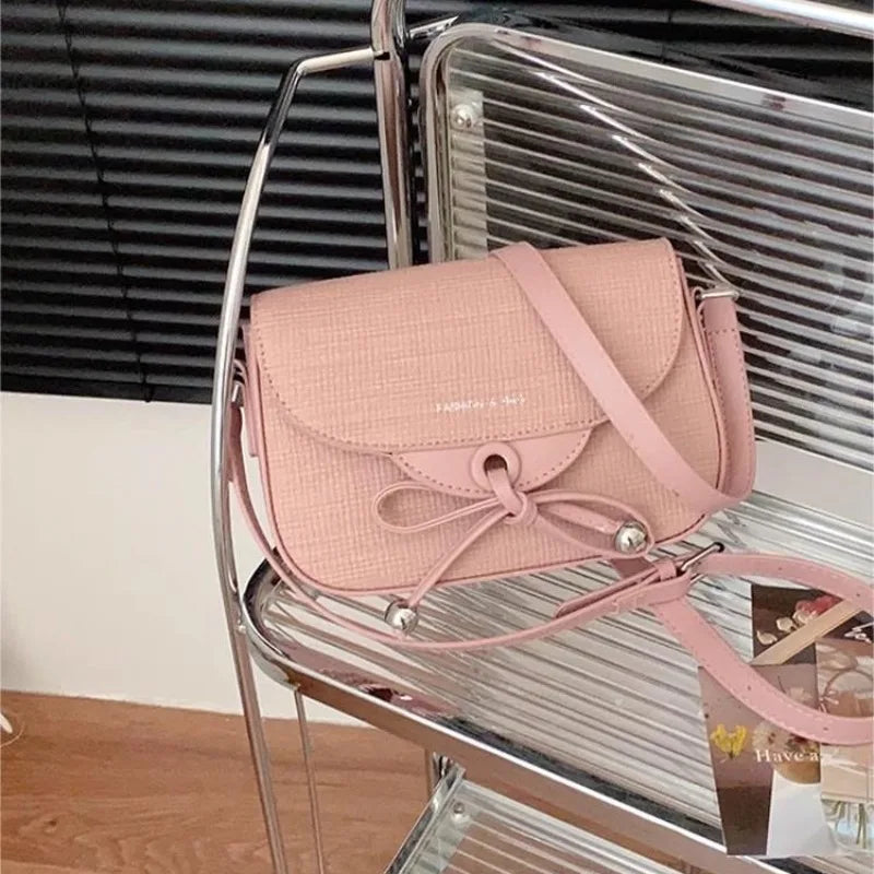 eybag Casual Pink Women Shoulder Bag Leather Simple Plaid Sweet Bow Daily Fashion Handbag Aesthetic Elegant Female Crossbody Bag