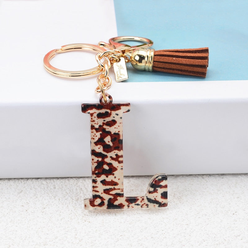 Lkblock Fashion Acrylic Leopard Letter Keychain With Tassel Fashion Couple 26 A-Z Initial Letter Pendant With Key Ring For Women Bag