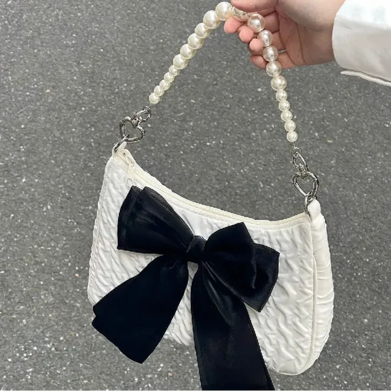 eybag Vintage Bowknot Women Underarm Bags Faux Pearl Chain Ladies Shoulder Crossbody Bag Female Soft Nylon Purse Small Tote Handbags