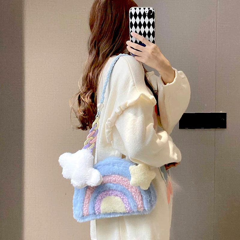 eybag Rainbow Plush Purses and Handbags for Women 2022 Shopper Acrylic Chain Cloud Pendant Cute Girls Pearl Wallet Shoulder Bag