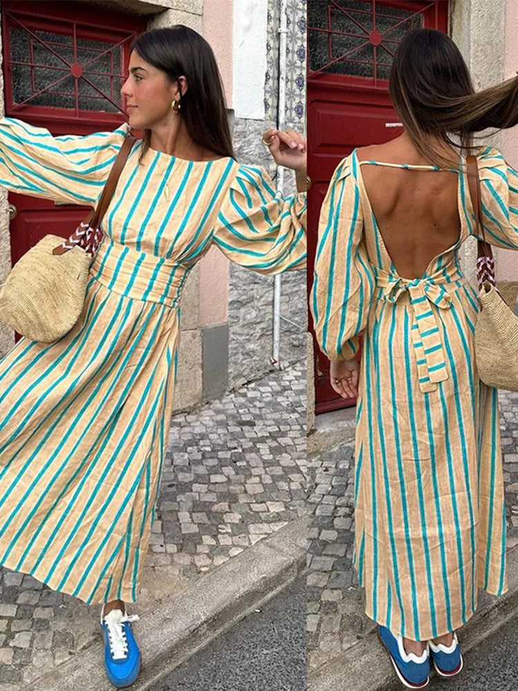 eybag Striped Print Women Maxi Dress women Elegant O Neck Lantern Sleeve Backless Female Dresses 2024 Summer High Waisted Robe