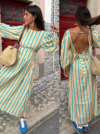 eybag Striped Print Women Maxi Dress women Elegant O Neck Lantern Sleeve Backless Female Dresses 2024 Summer High Waisted Robe