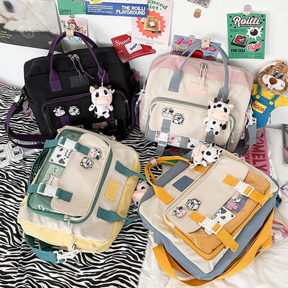 eybag Women Cute Cow Backpack Female Student College Schoolbag Girl Badge Multifunctional Backpacks Kawaii Ladies Waterproof Nylon Bag