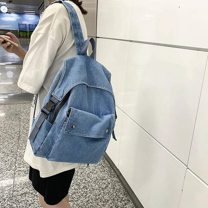 eybag Korean Denim Women Backpacks Large capacity college backpack Casual female big Travel bag Teenage Girl School Bag Bagpack blue