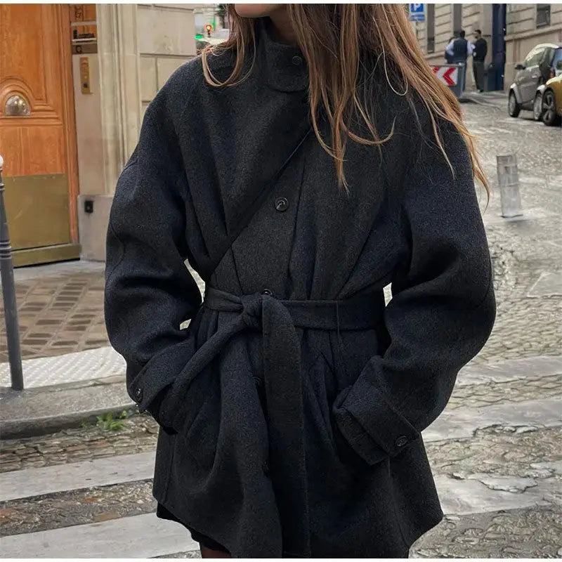 eybag Causal Black Woolen Coat With Belts Women Retro Loose Single-Breasted Mid-Length Warm Coats Female Elegant Chic Street Outwear