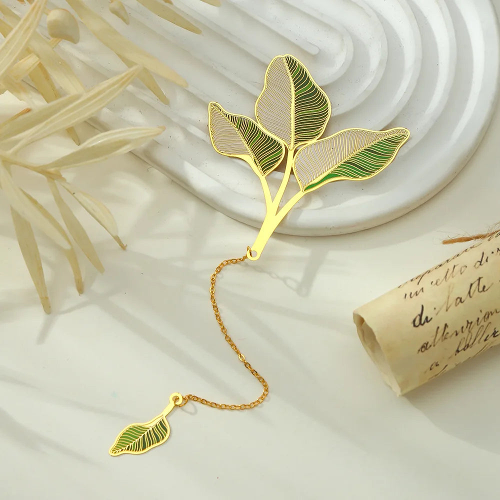 eybag Exquisite Leaf Shape Metal Bookmarks With Tassel Creative Ginkgo Lotus Leaves Book Mark Student Stationery Reading Supplies Gift