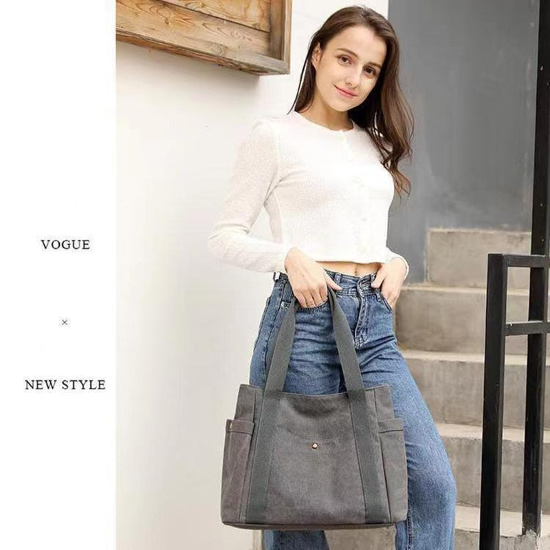 eybag New student CanvasTote Bag fashion multilayer pocket big capacity women casual Handbag Simple Lady shoulder bag