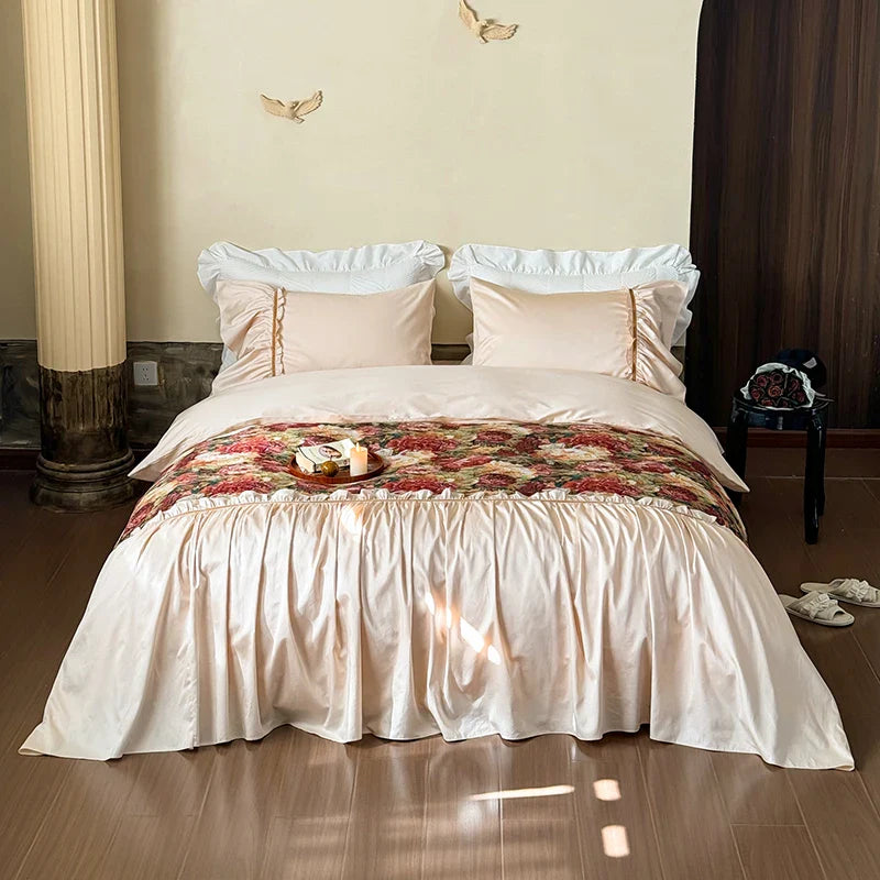 -100S Long Staple Cotton Vintage Jacquard French Lace Ruffles Print Bedding Set Duvet Cover Flat sheet Or Bed Skirt Pillowcases