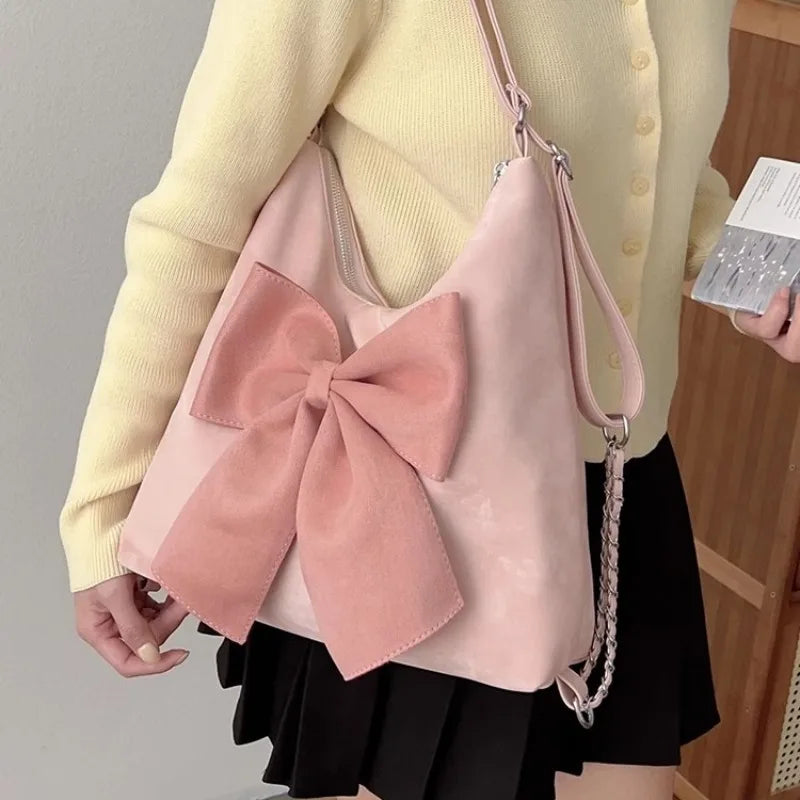 eybag Pink Bow Womens Shoulder Bag Korean Style Fashion Large Capacity Sweet Backpack Cute Exquisite Elegant New Female Tote Bag