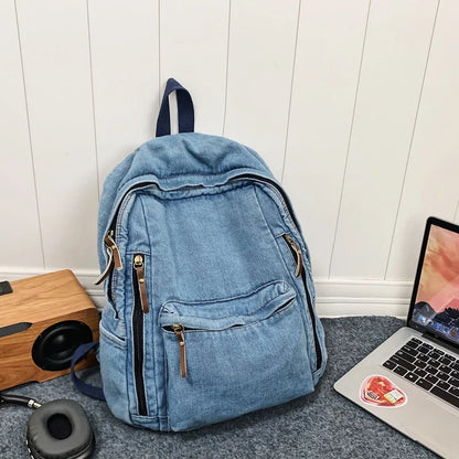 eybag Fashion Multi Pocket Women Backpack Vintage Washed Denim Female School Backpack Men Leisure Trendy Cool Student Travel Book Bag