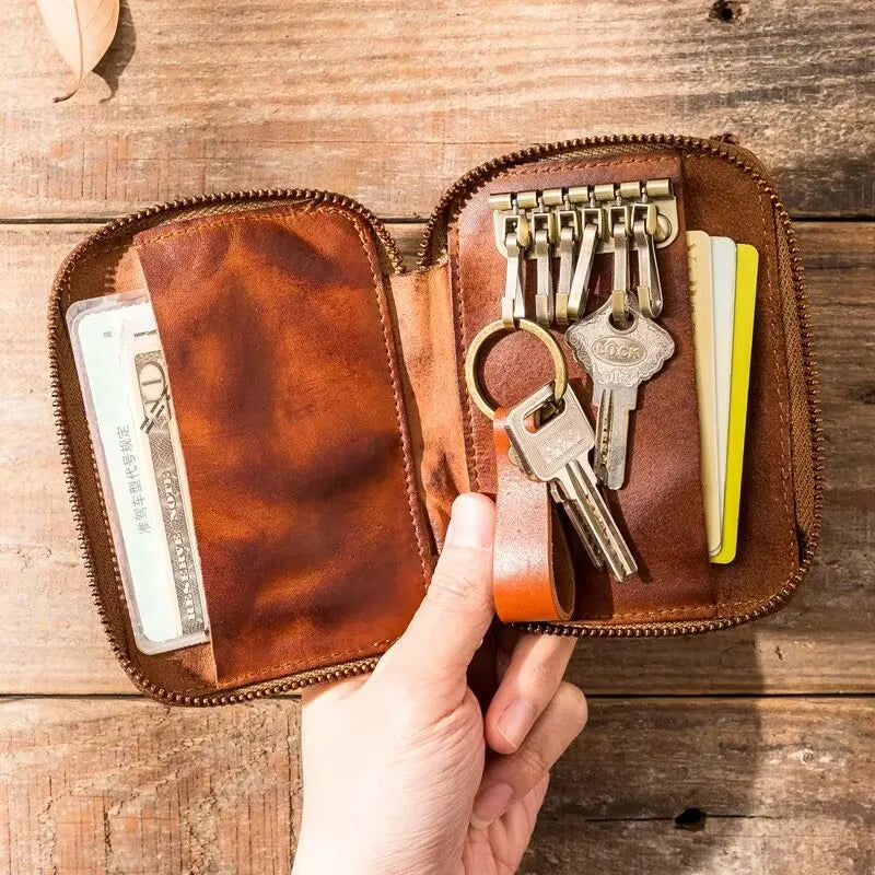 eybag Vintage Genuine Leather Men Key Wallet for Car Keychain Covers Zipper Key Case Bag Male Key Holder Housekeeper Keys Organizer