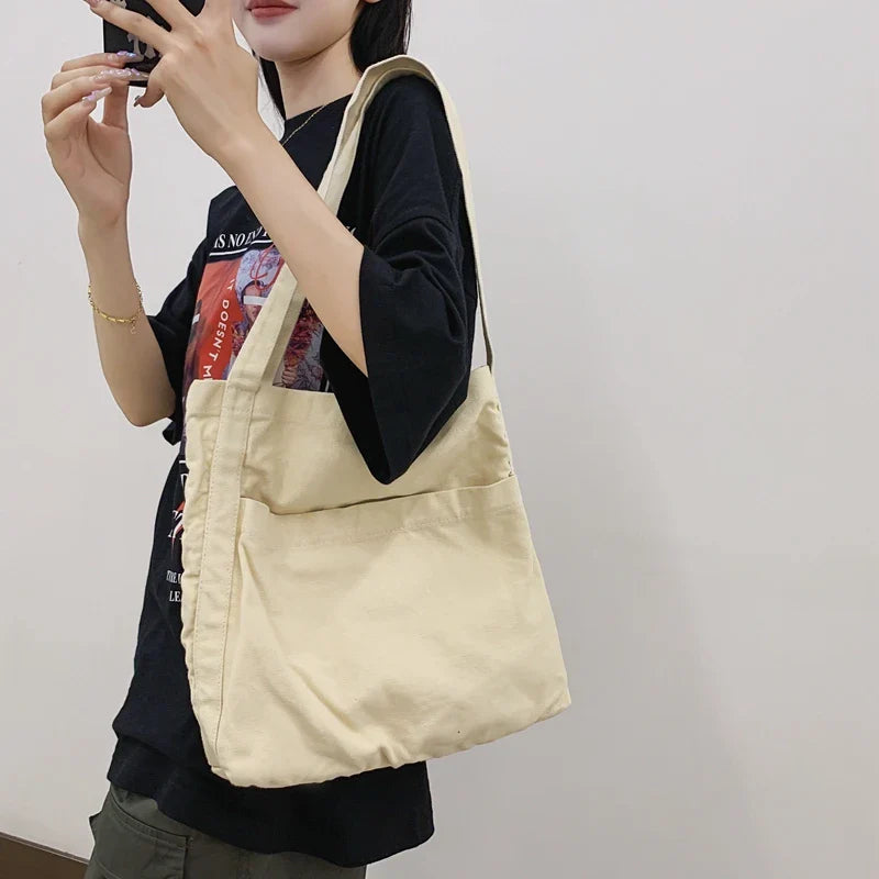 Lkblock Large Capacity Canvas Casual Tote For Women Fashion Canvas Women Shoulder Bags Solid Color Daily Shopping Bags Student Schoolbag