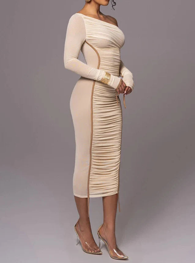 eybag Diagonal Collar Long Sleeve Midi Dress For Women Two Layer Mesh Backless Ruched Bodycon Club Party Sexy Long Dress