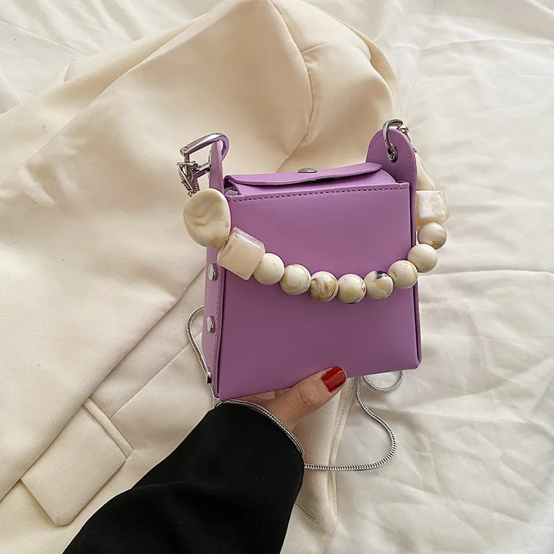 eybag Fashion Stone Beads Shoulder Bag Woman New Underarm Bag Pu Leather Simple Ladies Purse Handbag Chain Crossbody Bags