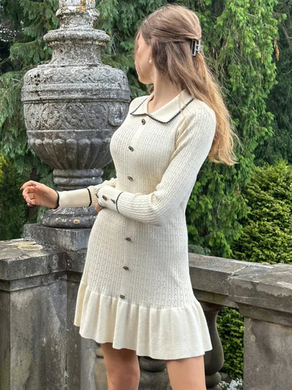 eybag Autumn Long Sleeve Knit Dress For Women Fashion Lapel Single-btrasted Button High Waist Ruffled Mini Dress Knitwear