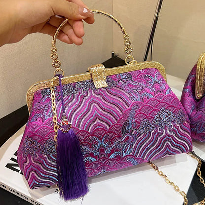 eybag 2024 Vintage Women Floral Clutch Designer Lock Shell Clip Handmade Chain Shoulder Bags Crossbody Bags Tassel Glitter Handbags