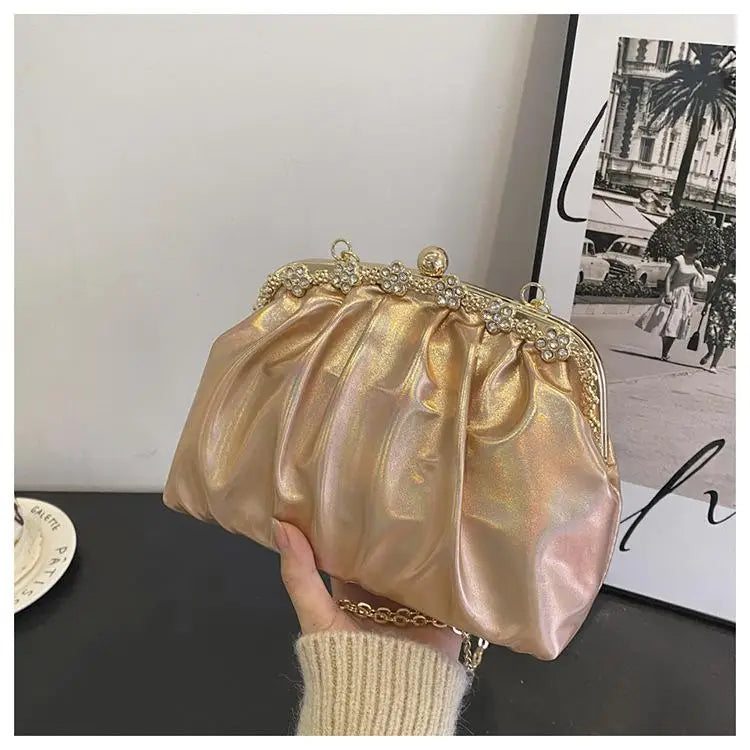 eybag Glitter Laser Women's Leather Cloud Bag 2024 Retro Chain Crossbody Bag Luxury Women's Bag Pleated Dumpling Handbag Party Clutch