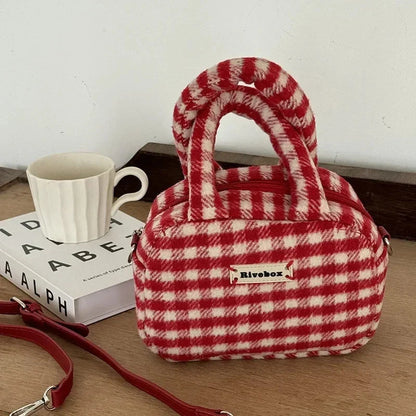 eybag Vintage Cute Handbag for Women Red Plaid Letter Soft Kawaii Crossbody Bag Autumn Winter New Luxury Designers Shoulder Bag