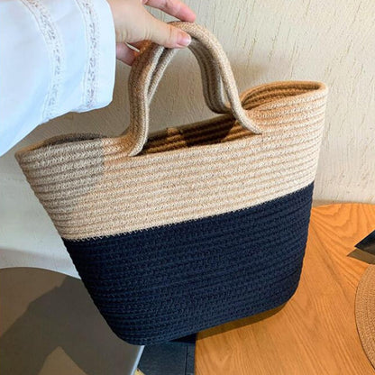 eybag Summer Woven Straw Handbag Women Contrast Color Cotton Rope Beach Bag Travel Large Capacity Tote Shopping Handle Bags