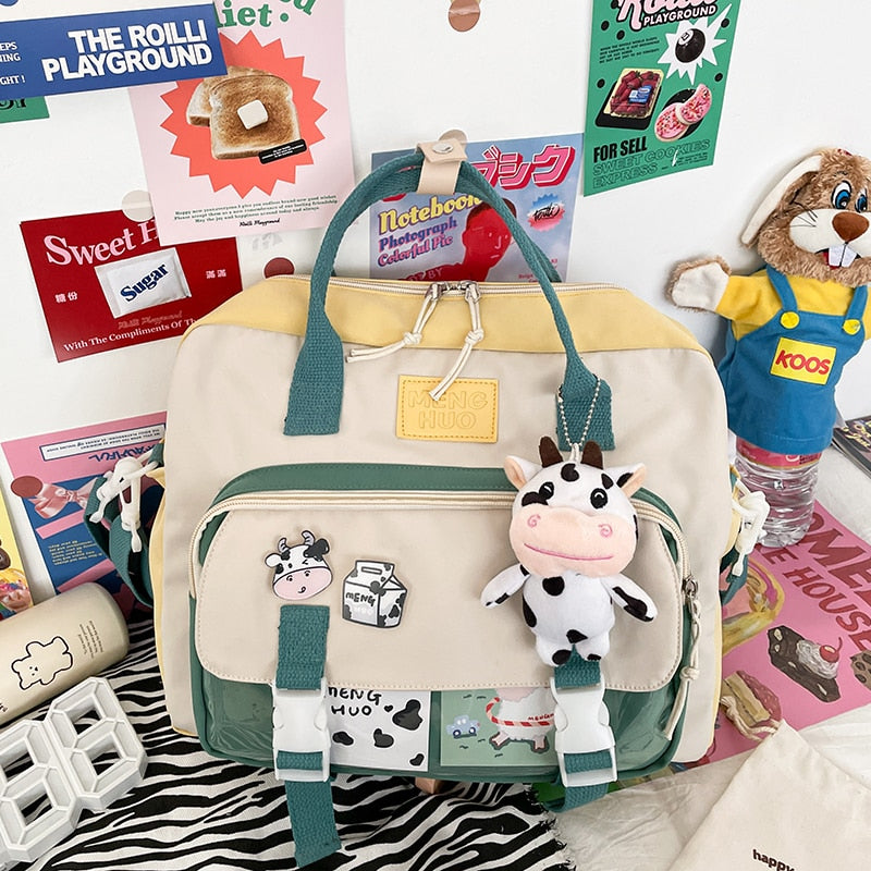 eybag Women Cute Cow Backpack Female Student College Schoolbag Girl Badge Multifunctional Backpacks Kawaii Ladies Waterproof Nylon Bag