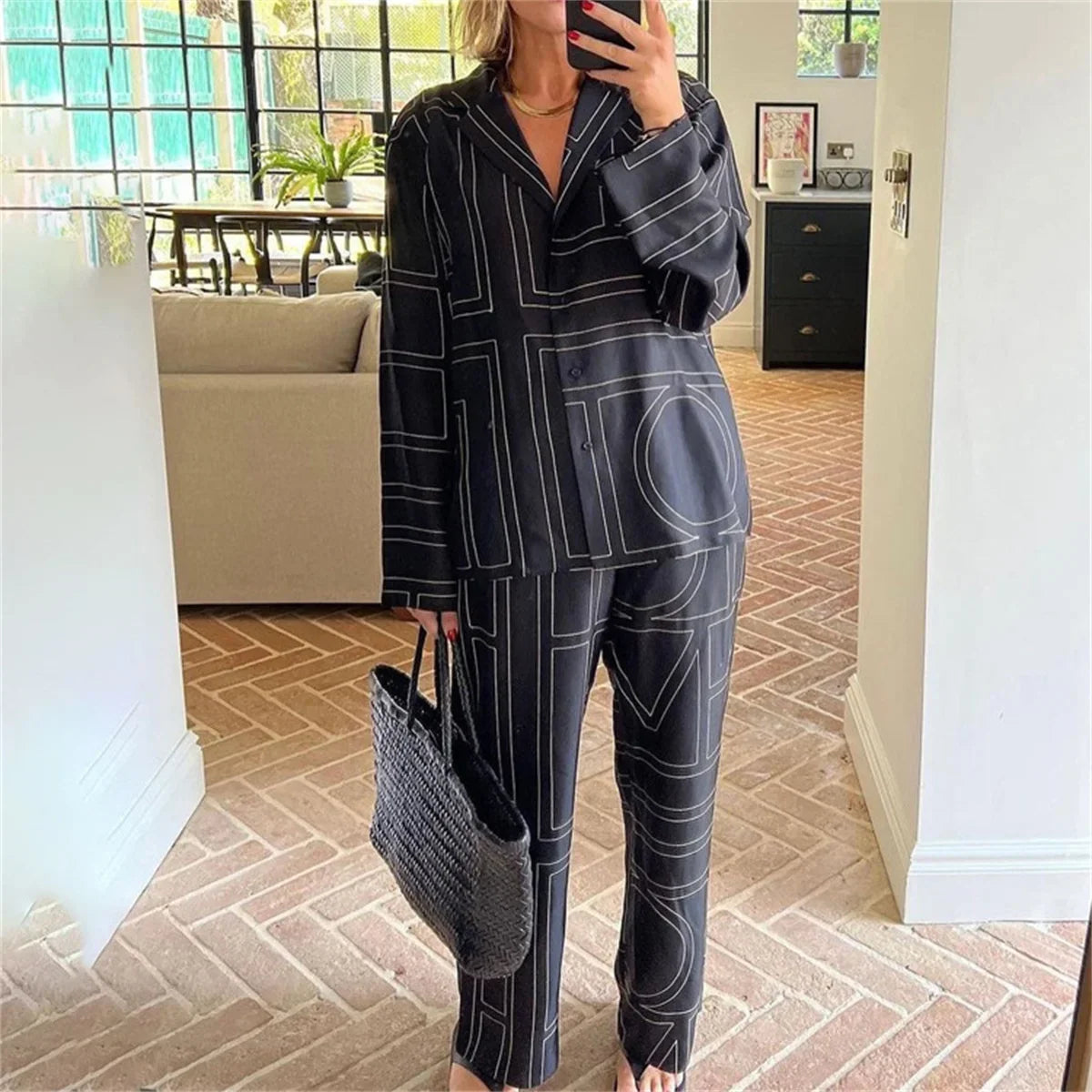 eybag Fashion Letter Printing Pants Suit Loose Turn Down Collar Shirts Wide Leg Pant Sets 2024 Casual Autumn Summer 2 Piece Set New In