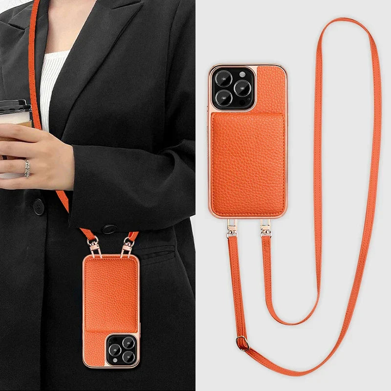 eybag Crossbody Card Slot Holder Phone Case For iphone 15 14 Plus 13 Pro Max Necklace Strap Lanyard Cord Leather Electroplated Cover