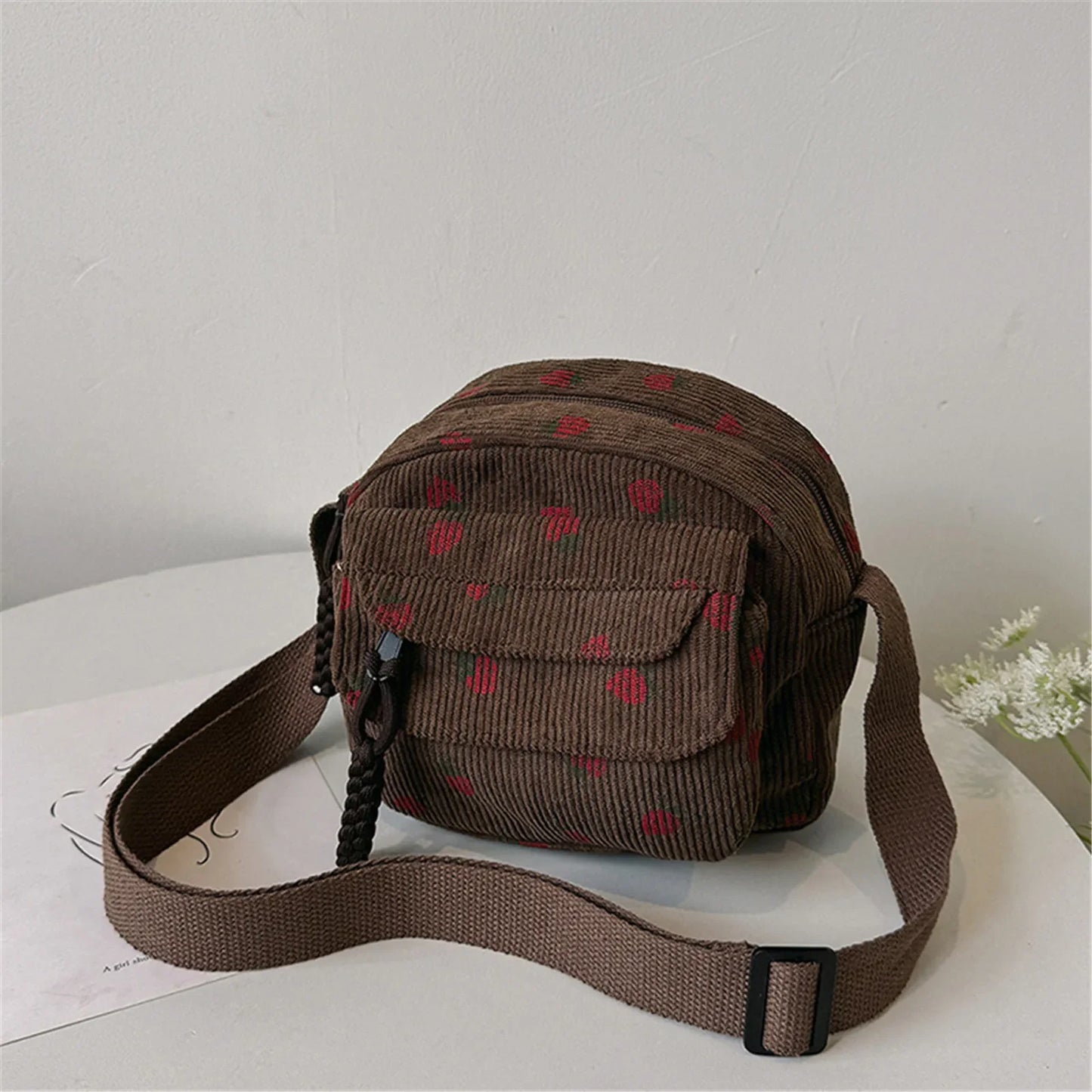 eybag Women Corduroy Crossbody Bag Strawberry Print Multi Layer Shoulder Bag Versatile Phone Purse Small Square Bag Travel Coin Purses