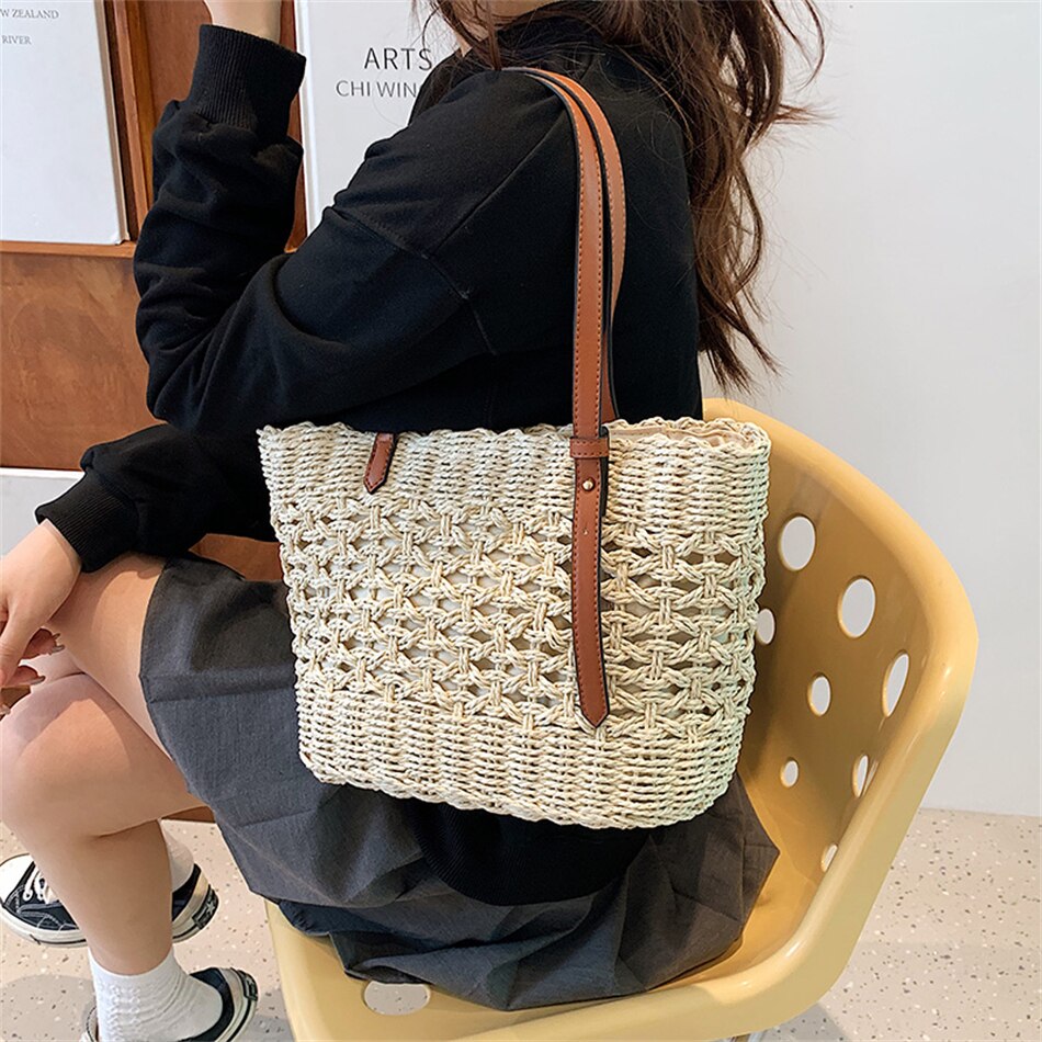 Lkblock Fashion Luxury Weave Tote Bag for Women Trend Female Handbags Design Travel Beach Bags Brand Shopper Straw Shoulder Purses