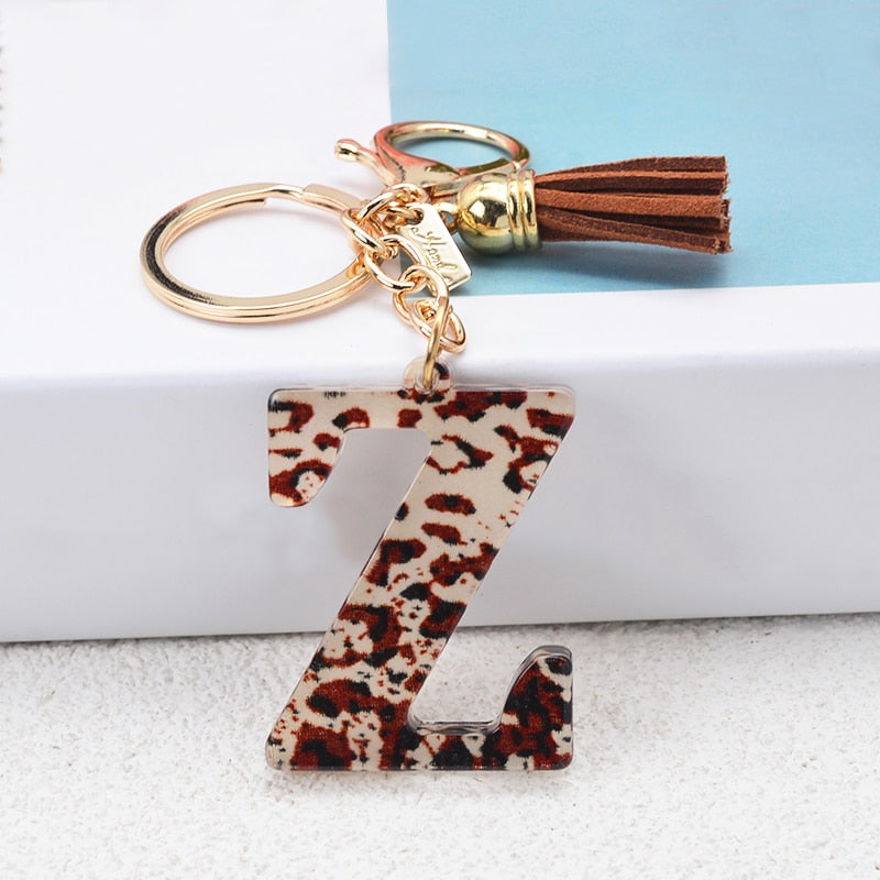 Lkblock Fashion Acrylic Leopard Letter Keychain With Tassel Fashion Couple 26 A-Z Initial Letter Pendant With Key Ring For Women Bag