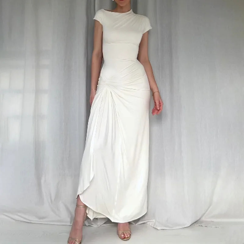 eybag Summer 2024 New Slim Fit White Long Dress, European and American Sexy Waist Closing Split Short Sleeve Dress, Elegant for Women