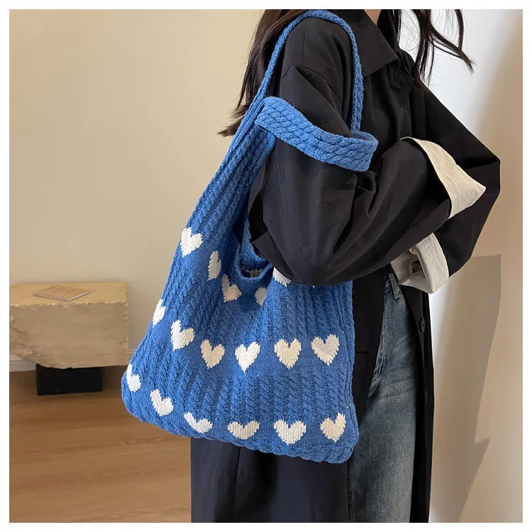 eybag Shopper Bags For Women Trend 2024 Cross Body Tote Embroideried Heart Knitted Women's Shoulder Bag Korean Popular Luxury Designer