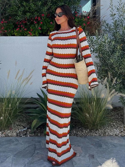 eybag Summer Hollow Out Knitted Beach Dress for Women Elegant Fashion Striped Maxi Dress 2024 Sexy Long Sleeve Holidays Party Dress