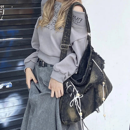 eybag Y2K Korean Harajuku Gothic Hobo Denim Bag Aesthetic Vintage Purses WomenHandbag Crossbody Messenger Tote Peddler Shoulder Bags