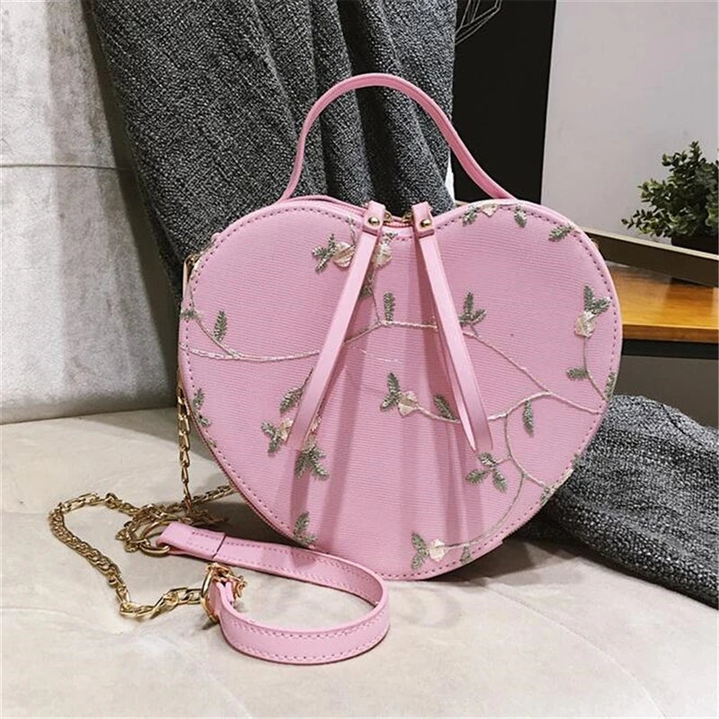 eybag Pink Aesthetic Lace Flower Embroidered Heart-shaped Handbag with zipper closure and chain bag