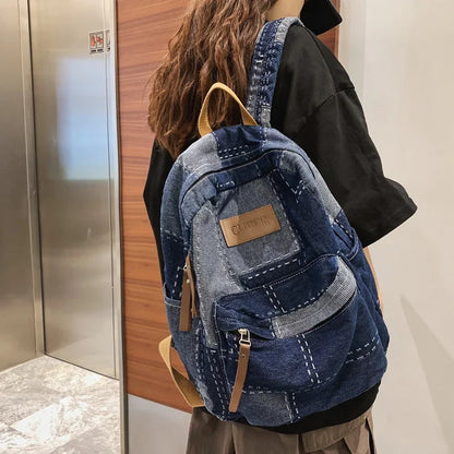 eybag New Washed Denim Patch Women Backpack Trendy Cool College Backpack Large Capacity Men Female Laptop School Bags Travel Book Bag