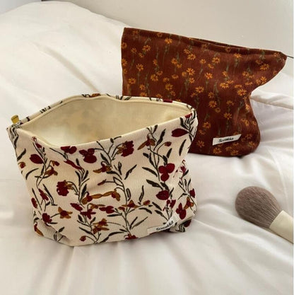 Lkblock Corduroy Make Up Organizer Clutch Bag Retro Flower Print Cosmetic Bag Wash Bag Women Travel Cosmetic Pouch Beauty Storage Cases