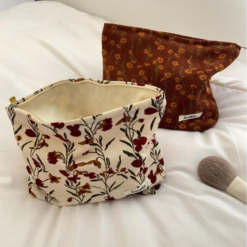 eybag Corduroy Make Up Organizer Clutch Bag Retro Flower Print Cosmetic Bag Wash Bag Women Travel Cosmetic Pouch Beauty Storage Cases