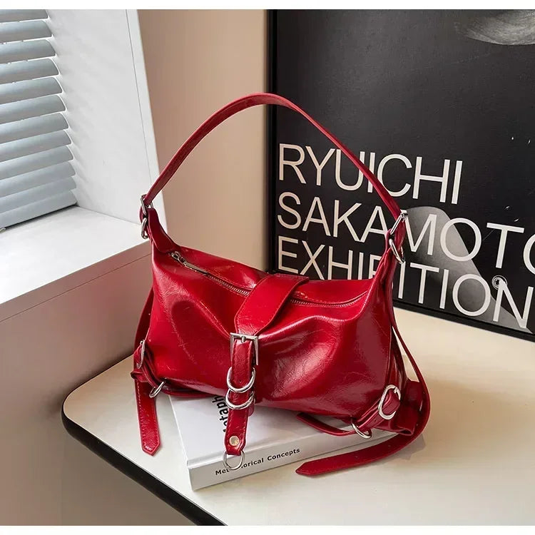 eybag Y2K Vintage Designer Elegant Red Pu Leather Buckle Wallets Luxury Shoulder Bag Aesthetic Purse Crossbody Handbag Tote Bags Women