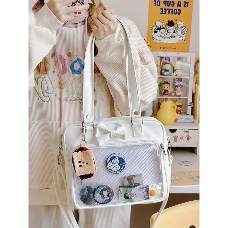 eybag Tote Handbags Women Ita Bag JK Girl Japanese Style Kawaii PU Leather Itabag Women Transparent Pocket Bowknot Lolita Shoulder Bag